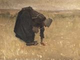 painting of a woman bending down to pick something from the ground