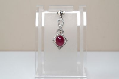 necklace with a red stone in a clear display case on a white surface