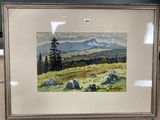 painting of a mountain scene with rocks and trees in the foreground