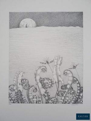 une image représentant un dessin de paysage avec des plantes et une lune