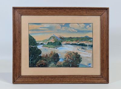 peinture représentant un paysage avec une rivière et des montagnes en arrière-plan