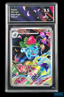 La carte Pokémon se trouve dans un étui en plastique transparent sur fond noir.