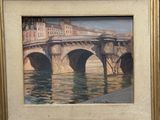 tableau représentant un pont enjambant un plan d'eau, avec des bâtiments en arrière-plan