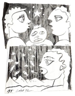drawing of a group of people with faces drawn on a piece of paper
