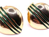 pair of gold and green striped earrings on a white background