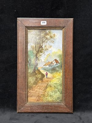 tableau encadré représentant une femme et un cheval sur un sentier