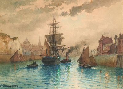 une peinture représentant une scène portuaire avec des bateaux dans l'eau