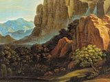 tableau représentant un homme et une femme dans un paysage montagneux, avec une montagne en arrière-plan