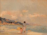 tableau représentant une femme et un enfant sur une plage, près de l'eau
