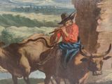 a picture of a painting of a man riding on a oxen