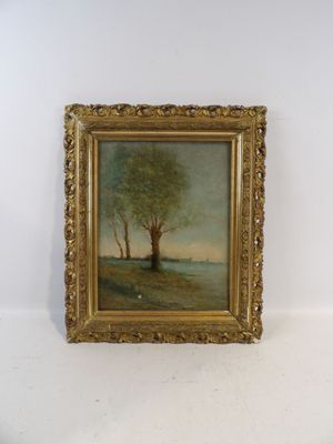 une image représentant un tableau d'un arbre dans un champ au bord d'un lac