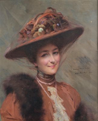 painting of a woman in a large hat with a fur stoler