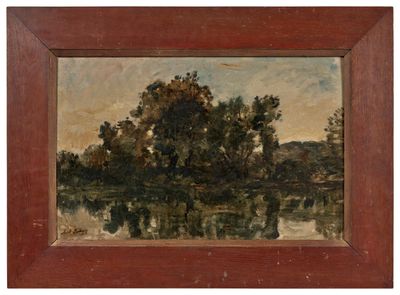 une peinture à l'huile représentant une scène fluviale avec des arbres au premier plan