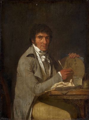 tableau représentant un homme assis à une table, une montre à la main