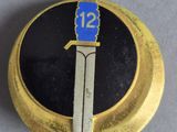 a gold and blue badge with a sword on it