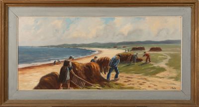an oil painting of a group of men plowing a beach