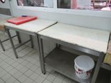two tables in a kitchen with a bucket of paint on the counter