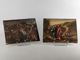 deux petits tableaux représentant Jésus et d'autres personnages posés sur une table