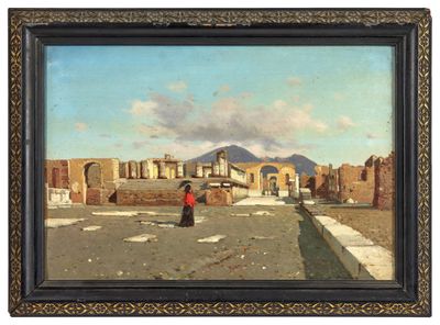 une image représentant un tableau où l'on voit une femme debout devant des ruines