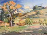 un tableau représentant une scène rurale avec une maison et des arbres