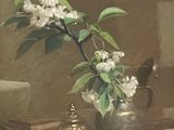 a painting of a vase of flowers on a table