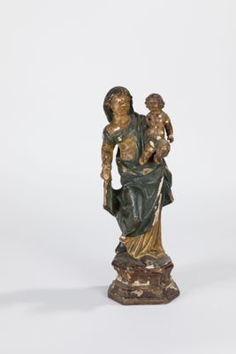 Figure de vierge à l'enfant en bois sculpté polychrome.