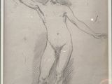 a drawing of a man standing in front of a wall