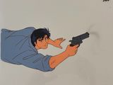 an animation drawing of a man holding a gun in his hand