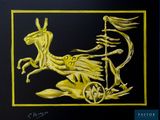 painting of a horse and carriage with a man riding on it