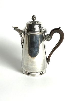 a silver coffee pot with a handle on a white surface