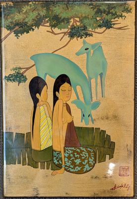 tableau représentant deux femmes assises sous un arbre, avec un cheval en arrière-plan
