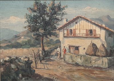 a painting of a house on the side of the road
