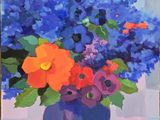 a painting of flowers in a blue vase on a table
