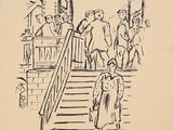 an ink drawing of a man walking up a set of stairs