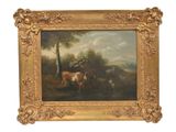 an oil painting of cows in a wooded landscape by a stream