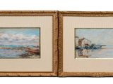 two framed paintings of boats on the water and a boat in the distance