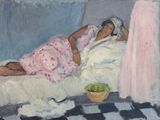un tableau représentant une femme allongée sur un lit, à côté d'un bol de fruits