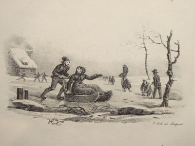 dessin représentant un garçon sur une luge tirée par un homme