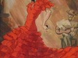 tableau représentant une femme en robe rouge, avec une guitare en arrière-plan