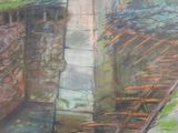 a painting of a train crossing a bridge over a river