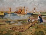 une peinture représentant un groupe de personnes sur la plage