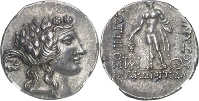 a close up of a silver coin with a woman on it