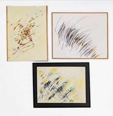 three paintings hanging on the wall next to a couch