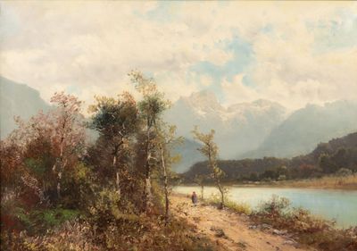 une image représentant un tableau d'une rivière avec des montagnes en arrière-plan