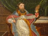 an old painting of a man sitting in a chair with a bird on his arm