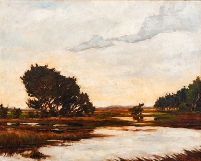 painting of a landscape with a river and trees in the foreground