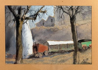 un tableau représentant un train qui avance sur les rails