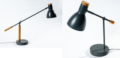 trois vues différentes d'une lampe de bureau avec un pied en bois
