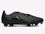 a close up of a pair of black soccer shoes on a white background
