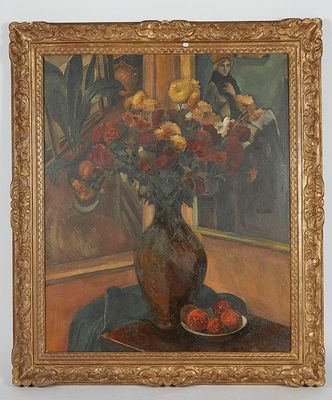 une peinture de fleurs dans un vase sur une table